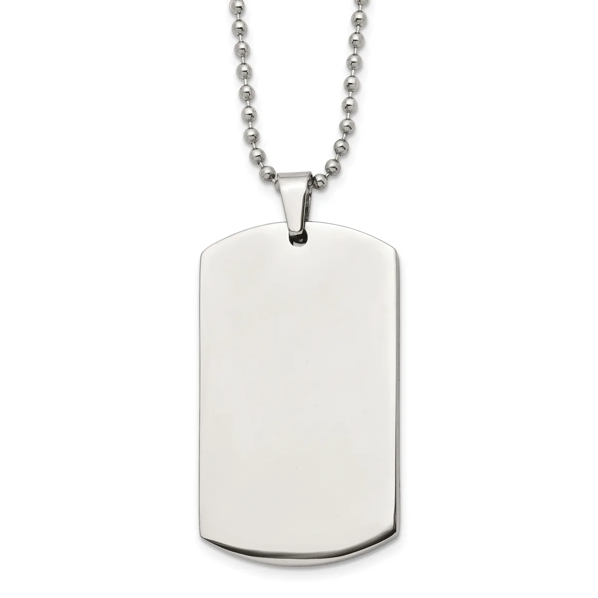 A polished stainless steel dog tag pendant with rounded corners hangs from a ball chain necklace against a white background.
