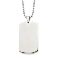 A polished stainless steel dog tag pendant with rounded corners hangs from a ball chain necklace against a white background.
