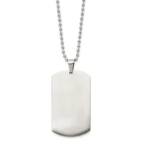 A polished stainless steel rectangular dog tag pendant with rounded corners hangs from a ball chain necklace.