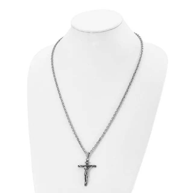 Stainless Steel Antiqued and Polished INRI Crucifix Pendant on a 24 inch Cable Chain Necklace — product photo