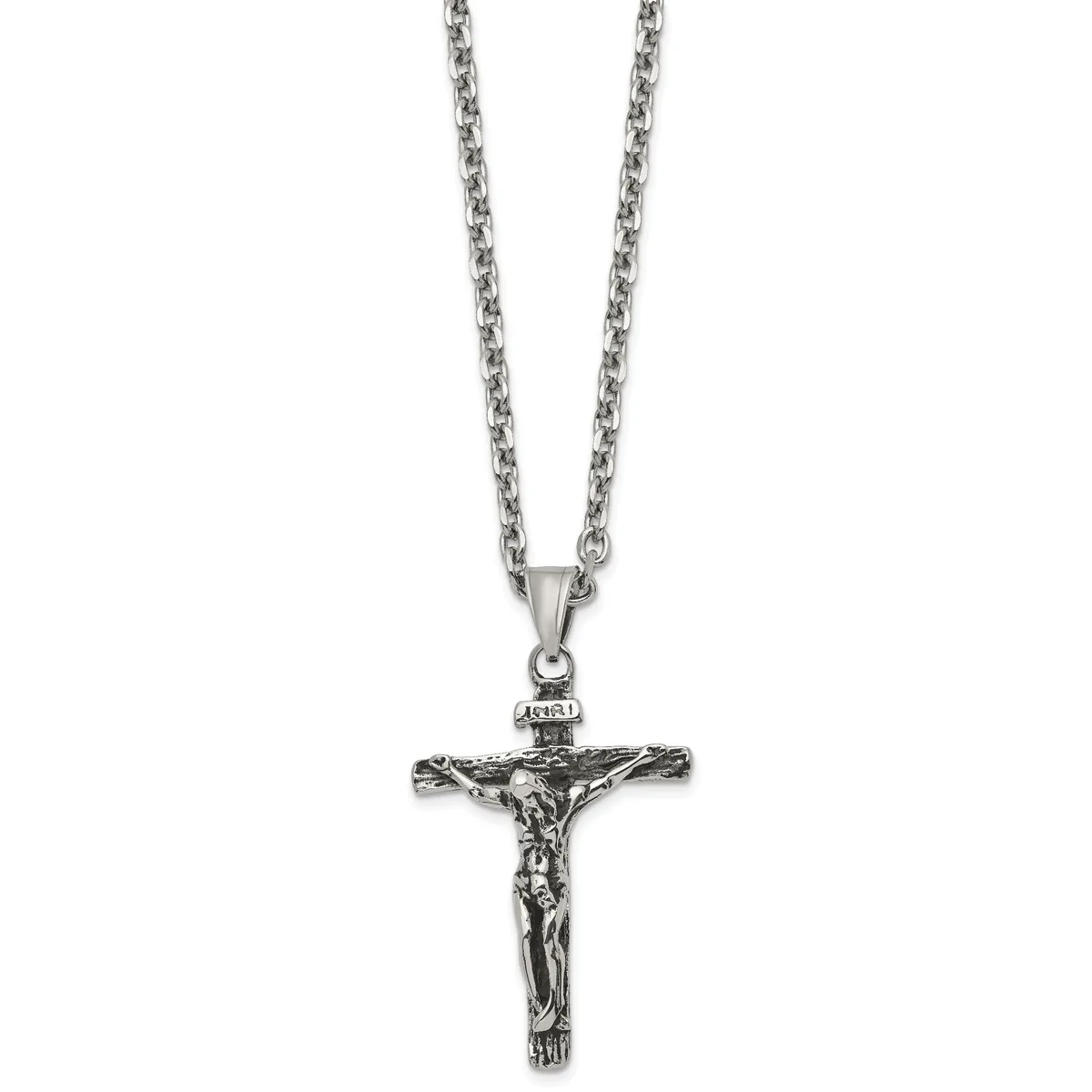 Stainless Steel Antiqued and Polished INRI Crucifix Pendant on a 24 inch Cable Chain Necklace — product photo