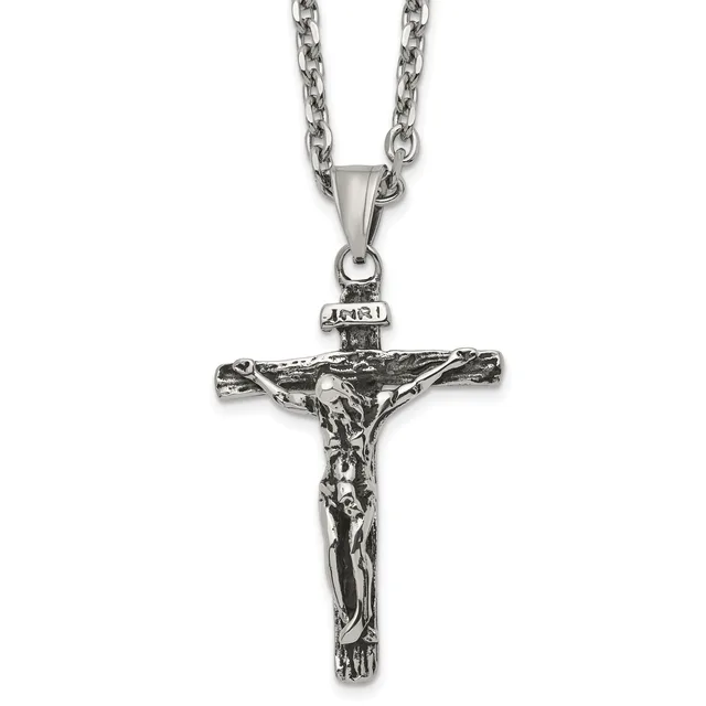 Stainless Steel Antiqued and Polished INRI Crucifix Pendant on a 24 inch Cable Chain Necklace — product photo