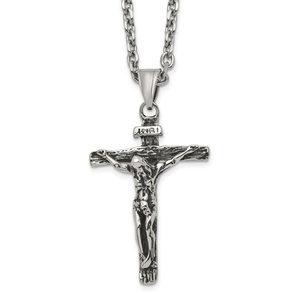 Stainless Steel Antiqued and Polished INRI Crucifix Pendant on a 24 inch Cable Chain Necklace — product photo