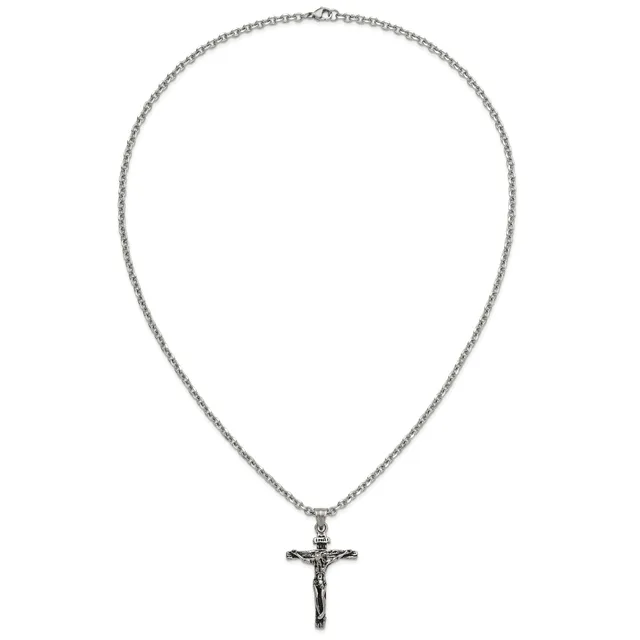 Stainless Steel Antiqued and Polished INRI Crucifix Pendant on a 24 inch Cable Chain Necklace — product photo