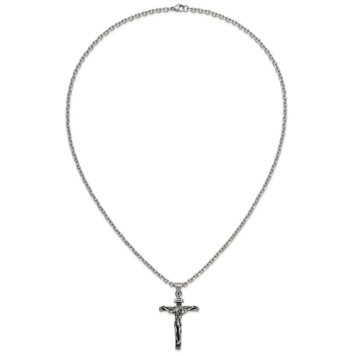 Stainless Steel Antiqued and Polished INRI Crucifix Pendant on a 24 inch Cable Chain Necklace — product photo