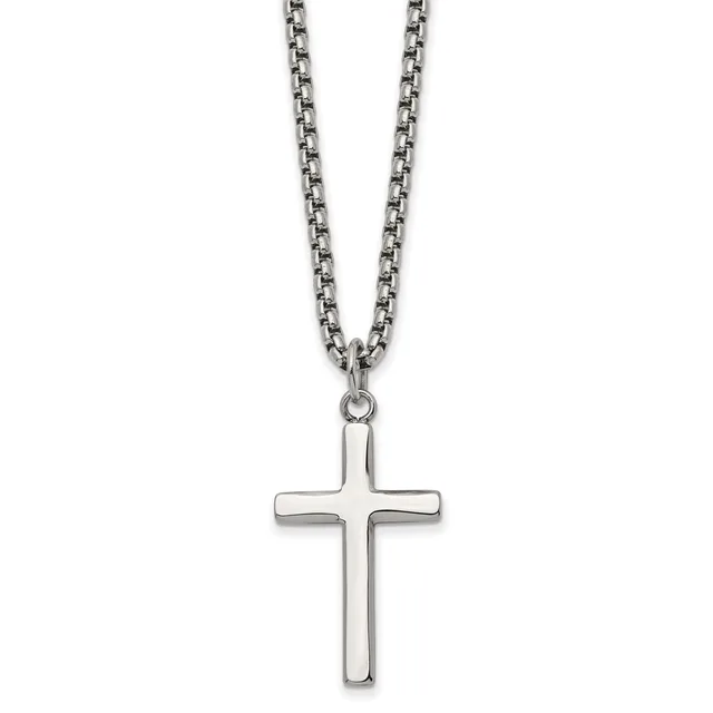 Stainless Steel Polished Cross Pendant on a 24 inch Box Chain Necklace — product photo
