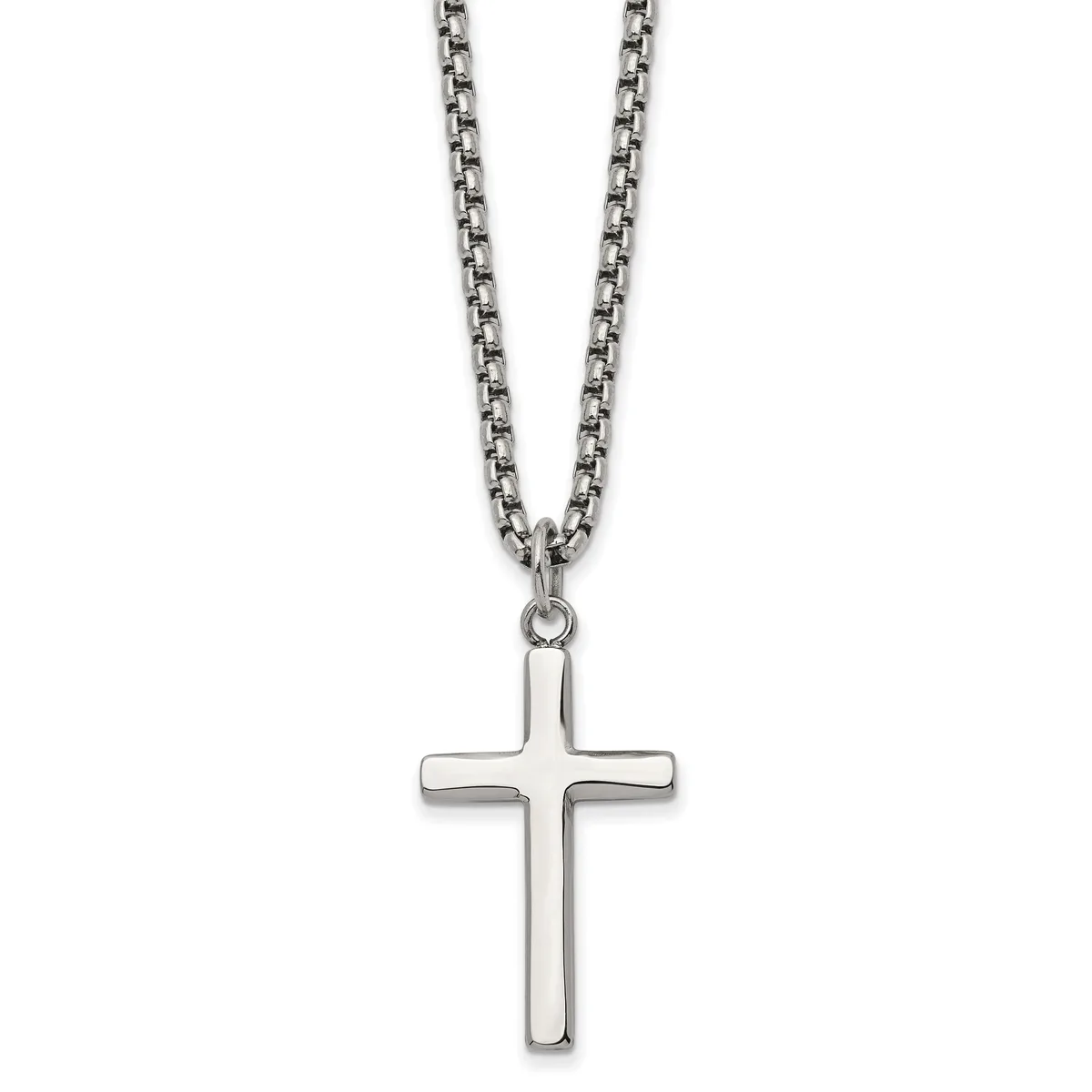 Stainless Steel Polished Cross Pendant on a 24 inch Box Chain Necklace — product photo