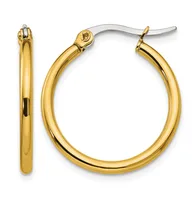 A pair of polished yellow gold hoop earrings with silver-toned click-top clasps, shown from front and side views on a white background.