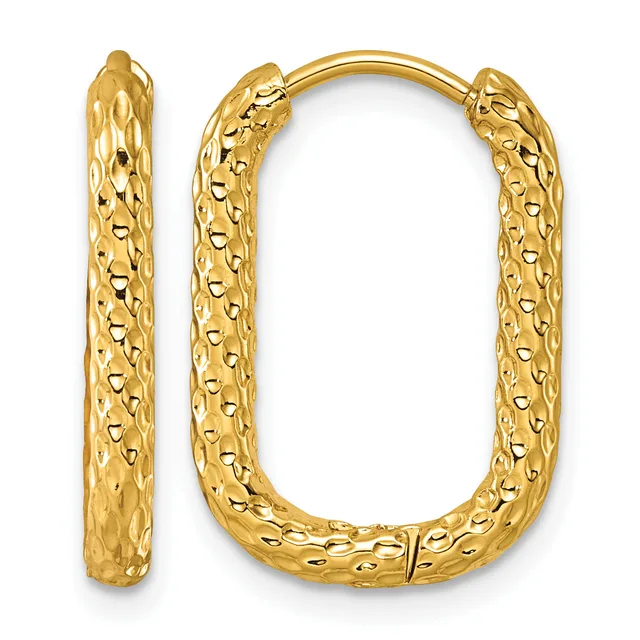 Pair of gold rectangular hoop earrings with textured dimpled surface and hinged closure, shown from front and side views.