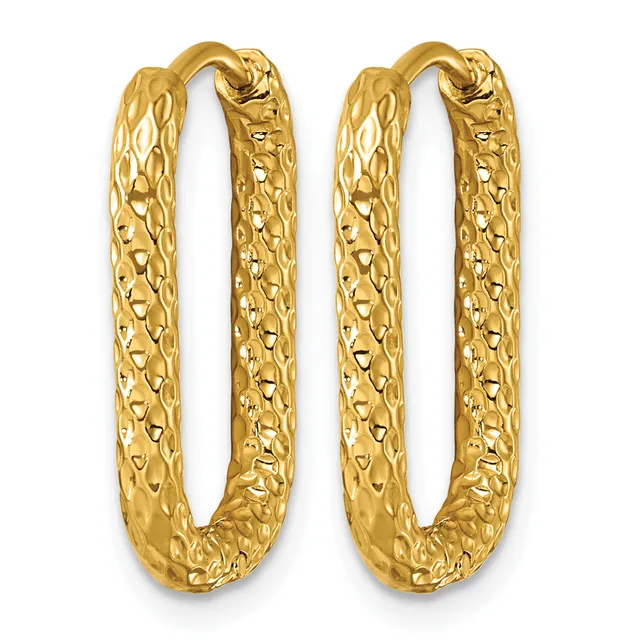 A pair of gold-toned textured oval hoop earrings with a dimpled surface pattern and hinged closures.