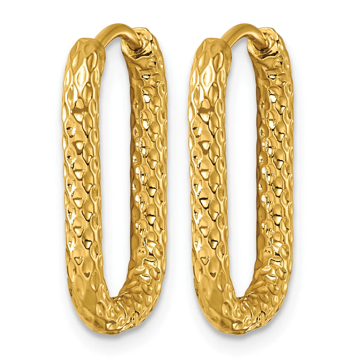 A pair of gold-toned textured oval hoop earrings with a dimpled surface pattern and hinged closures.