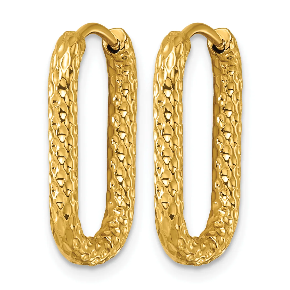 Pair of gold textured oval hoop earrings with a hammered surface finish and hinged closures.