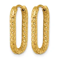Pair of gold textured oval hoop earrings with a hammered surface finish and hinged closures.