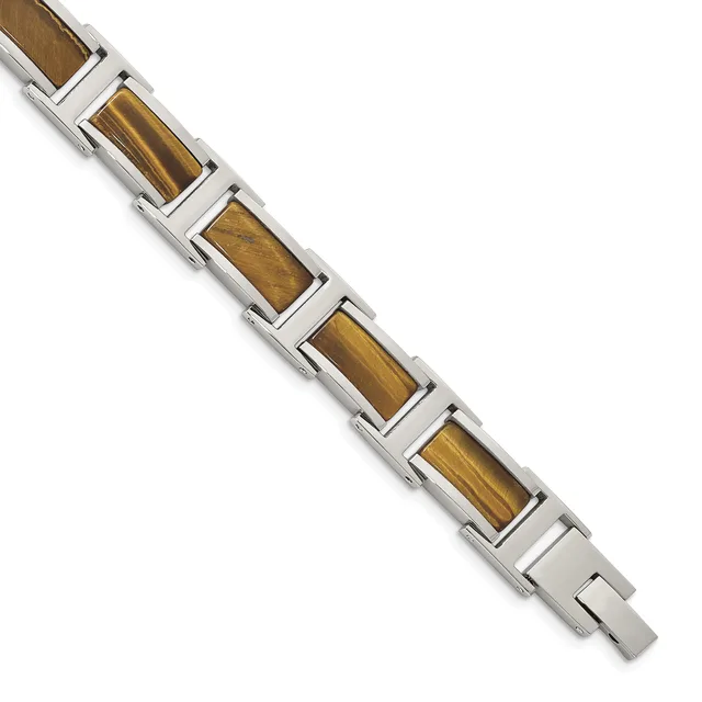 Stainless steel link bracelet with rectangular tiger's eye stone inlays in golden brown, featuring a fold-over clasp.