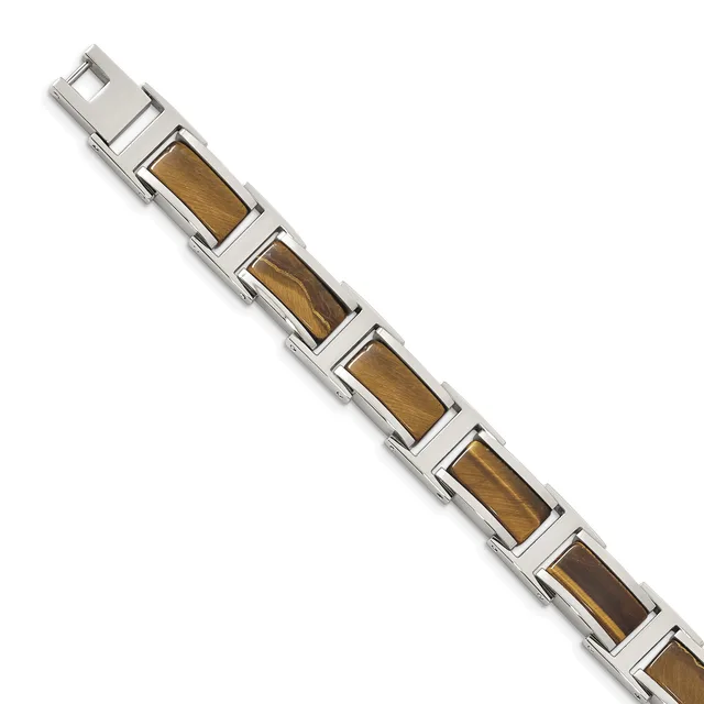 Stainless steel link bracelet with rectangular tiger's eye stone inlays and a fold-over clasp.