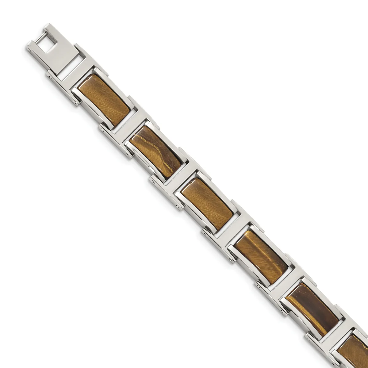 Stainless steel link bracelet with rectangular tiger's eye stone inlays and a fold-over clasp.