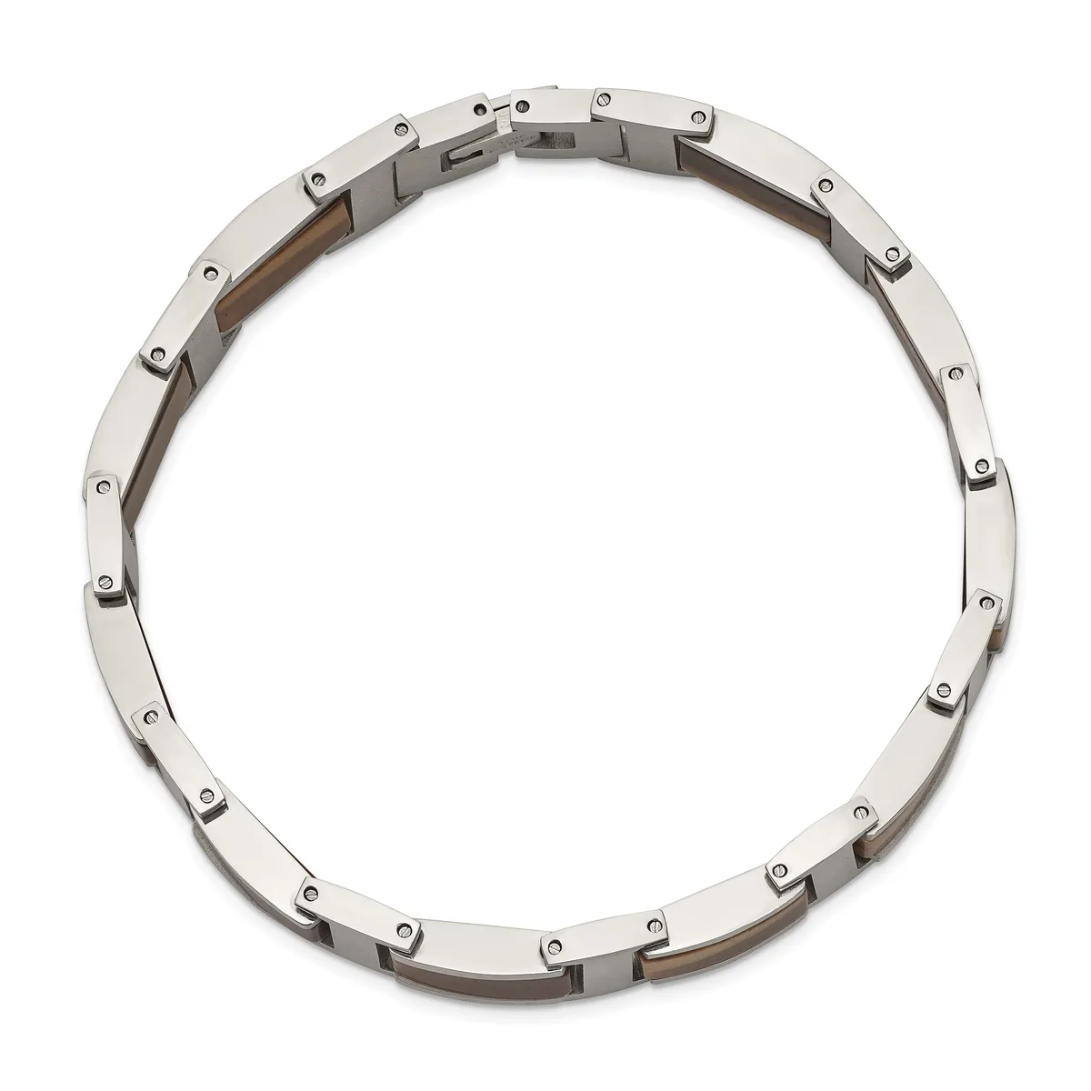 Stainless steel men's link bracelet with alternating polished silver rectangular links and bronze-toned accents, shown laid flat in a circle.