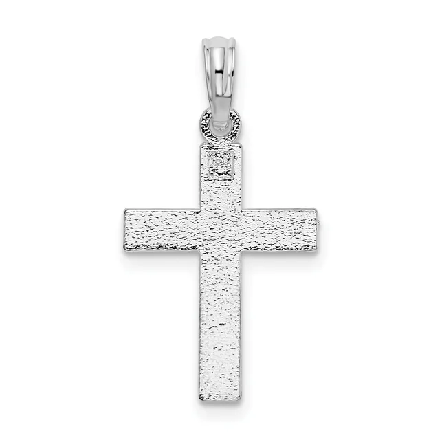 A silver cross pendant with a textured hammered finish and a small loop bail at the top, displayed against a white background.