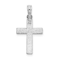A silver cross pendant with a textured hammered finish and a small loop bail at the top, displayed against a white background.