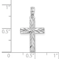 Silver cross pendant with diagonal striped texture throughout, shown next to a ruler indicating approximately one inch in height.