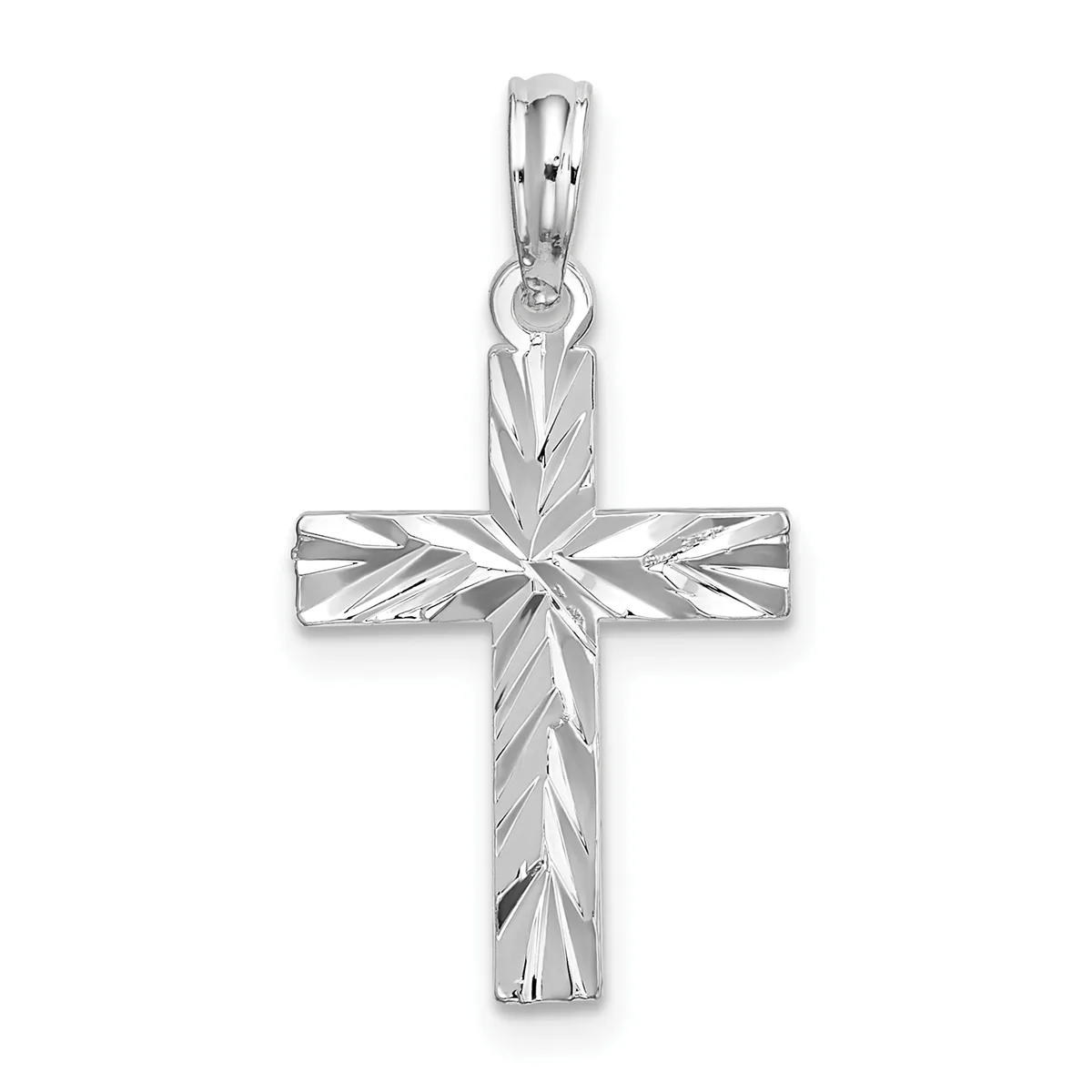 Silver cross pendant with textured diagonal line pattern throughout, suspended from a silver bail, shown against a white background.