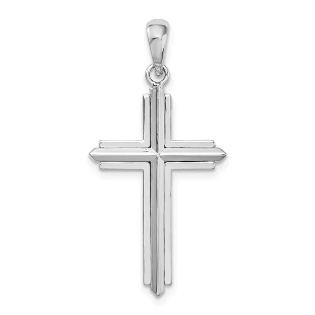 A polished silver cross pendant with layered rectangular arms and a small bail loop at the top, shown against a white background.