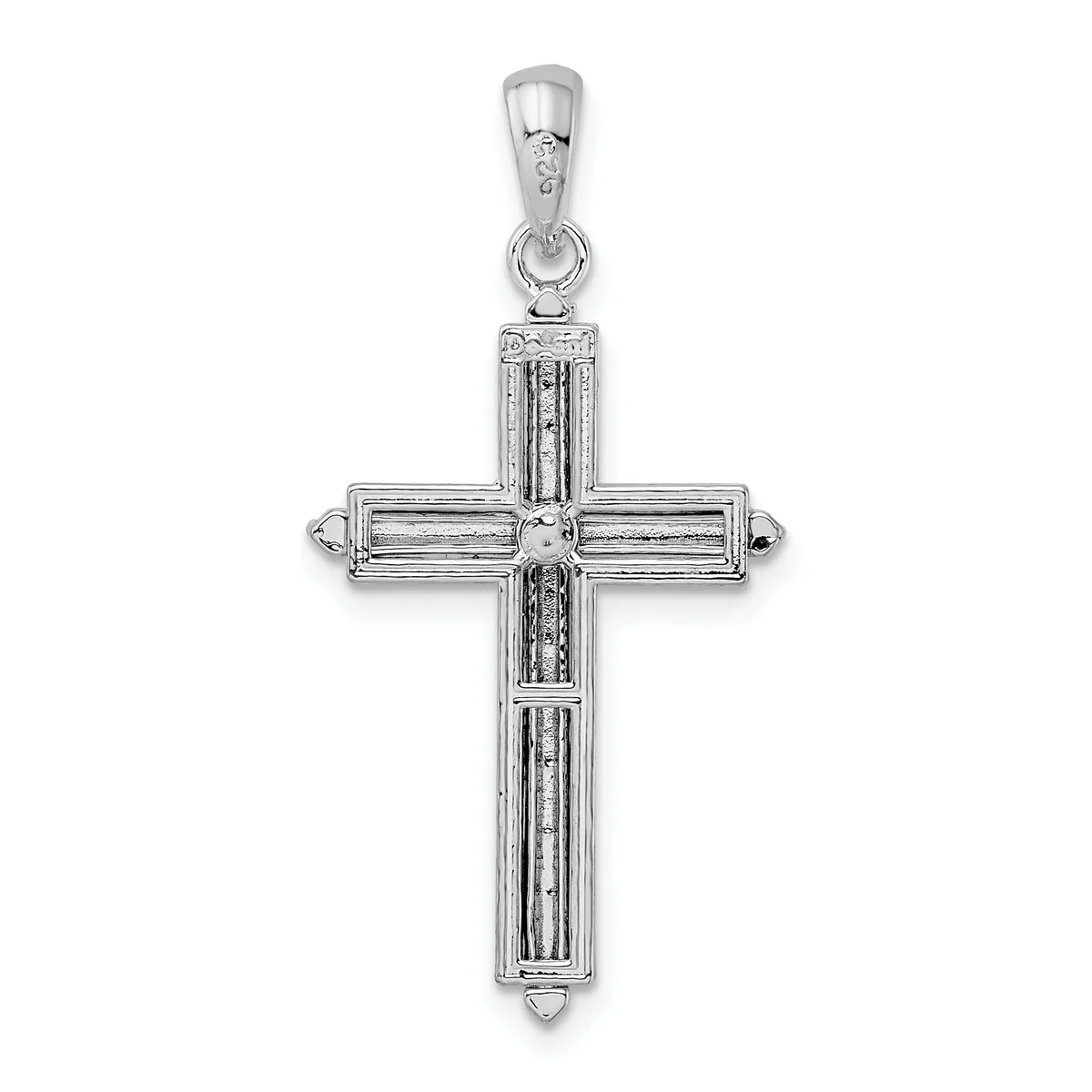Sterling silver cross pendant with textured vertical panels and a small hallmark, suspended from a bail loop.