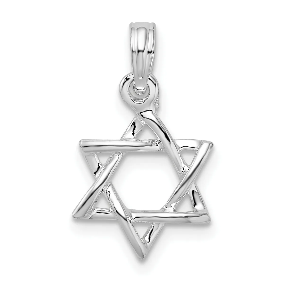 A polished silver Star of David pendant with a hollow center and a looped bail at the top.