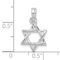 A polished silver Star of David pendant with a hollow design, shown next to a measurement scale indicating its size is approximately half an inch.