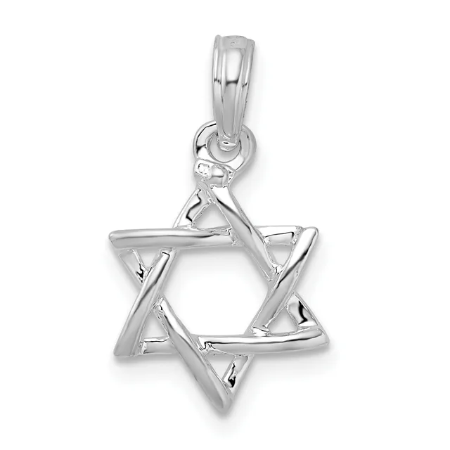 A silver Star of David pendant with hollow triangular points and a polished finish, suspended from a bail loop.