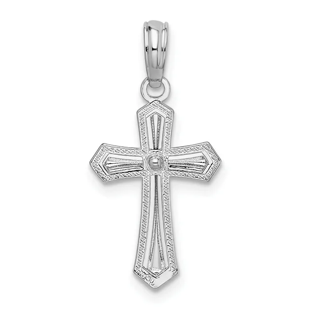 A silver cross pendant with decorative borders and vertical line detailing, suspended from a silver bail, shown against a white background.