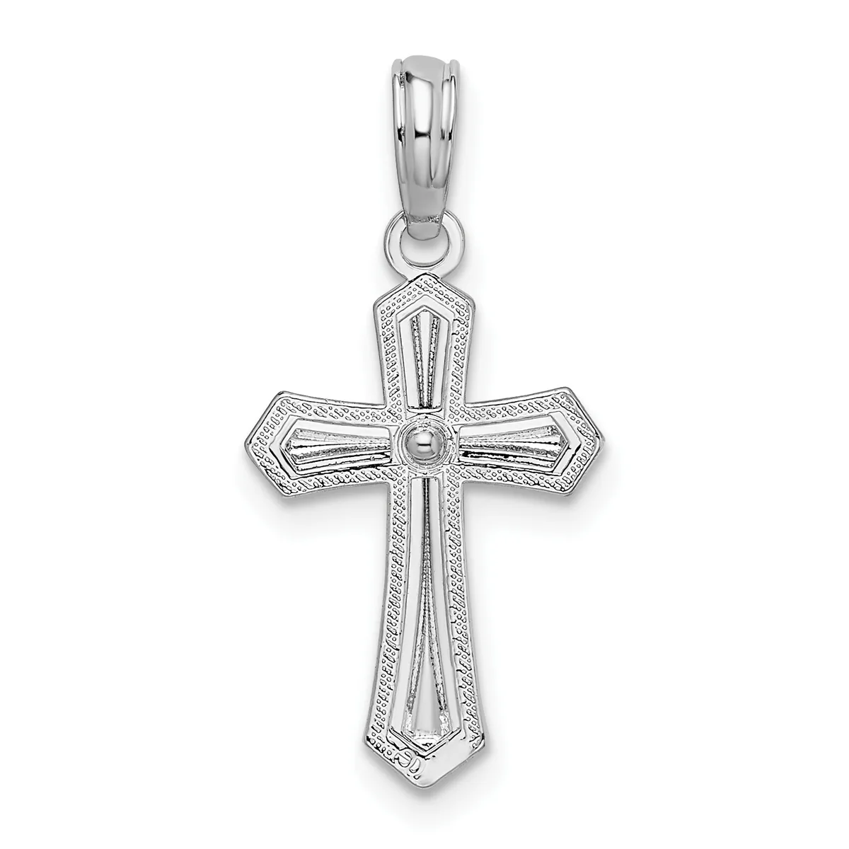 A silver cross pendant with decorative borders and vertical line detailing, suspended from a silver bail, shown against a white background.