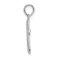 A silver flute pendant with a split ring attachment at the top, shown vertically against a white background.