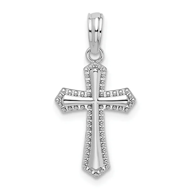 Silver cross pendant with decorative beaded border outline and cutout design, suspended from a bail loop.