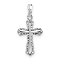 Silver cross pendant with decorative beaded border outline and cutout design, suspended from a bail loop.