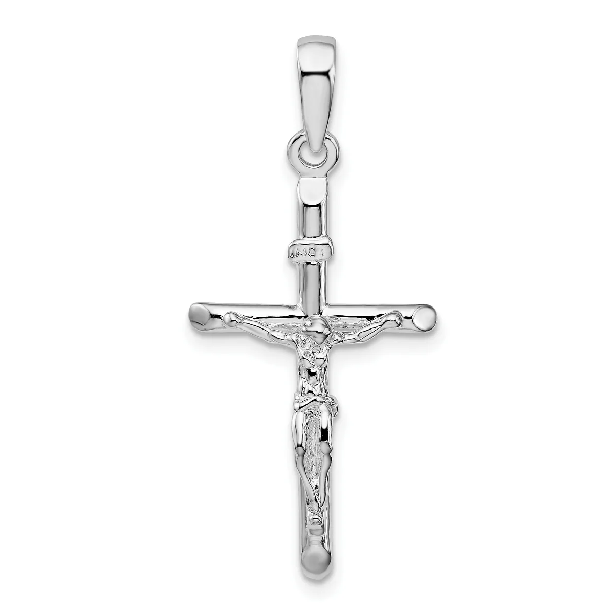 Sterling silver crucifix pendant with a polished finish, featuring a detailed corpus figure and a small stamped hallmark on the upper shaft.