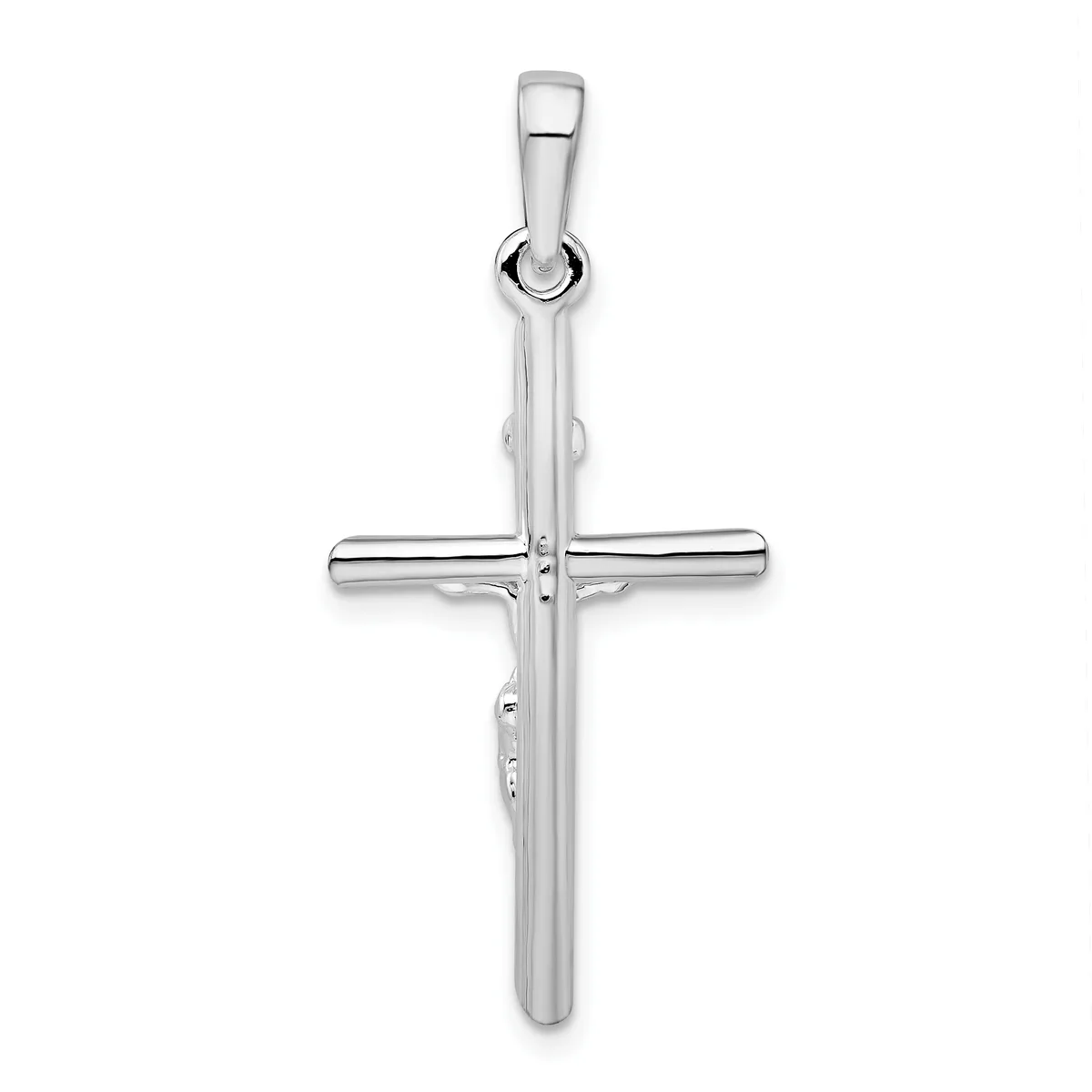 A polished silver cross pendant with a hollow cylindrical vertical shaft and horizontal crossbar, shown hanging from a small loop bail at the top.