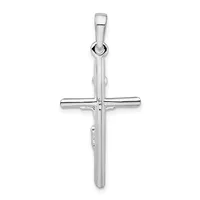A polished silver cross pendant with a hollow cylindrical vertical shaft and horizontal crossbar, shown hanging from a small loop bail at the top.