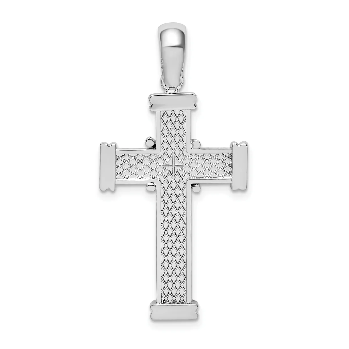 Silver cross pendant with textured diamond pattern surface and smooth polished edges, suspended from a silver bail.