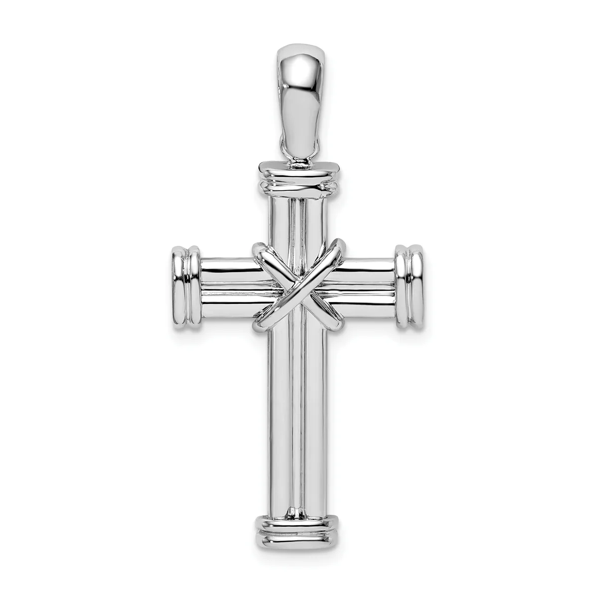 Sterling silver cross pendant with vertical ridged design and intersecting horizontal bar adorned with an X-shaped overlay, suspended from a bail.