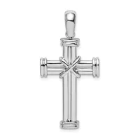 Sterling silver cross pendant with vertical ridged design and intersecting horizontal bar adorned with an X-shaped overlay, suspended from a bail.