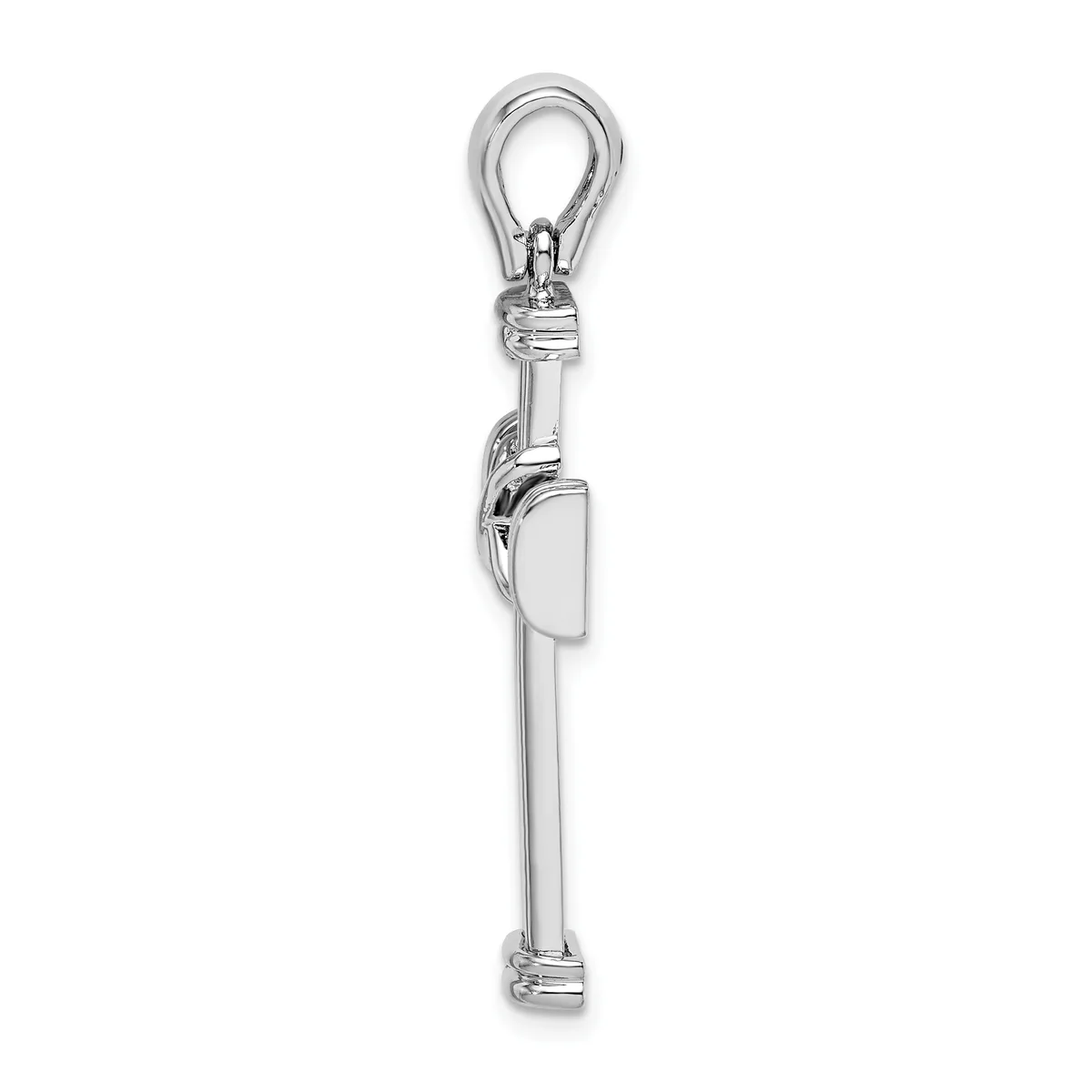 A polished silver pendant featuring a rectangular stone or plaque hanging from a vertical bail with a loop at the top.