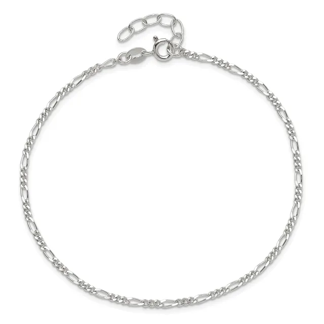 A silver figaro chain bracelet with an adjustable length featuring a spring ring clasp and extension chain.