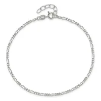 A silver figaro chain bracelet with an adjustable length featuring a spring ring clasp and extension chain.
