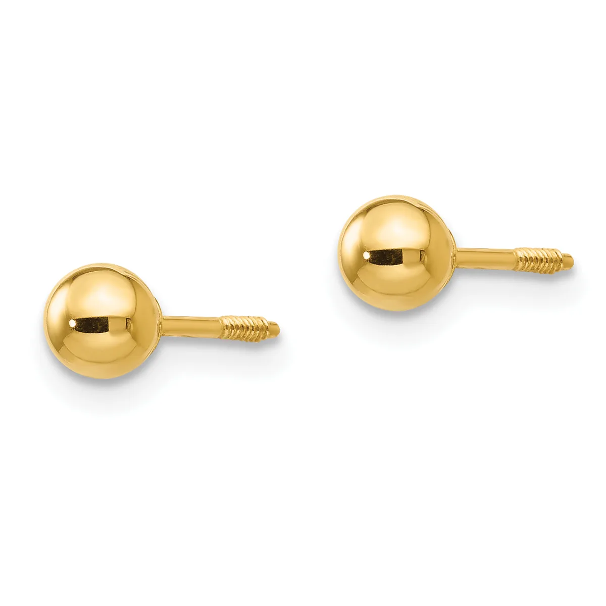 Pair of polished gold ball stud earrings with threaded posts, shown against a white background.