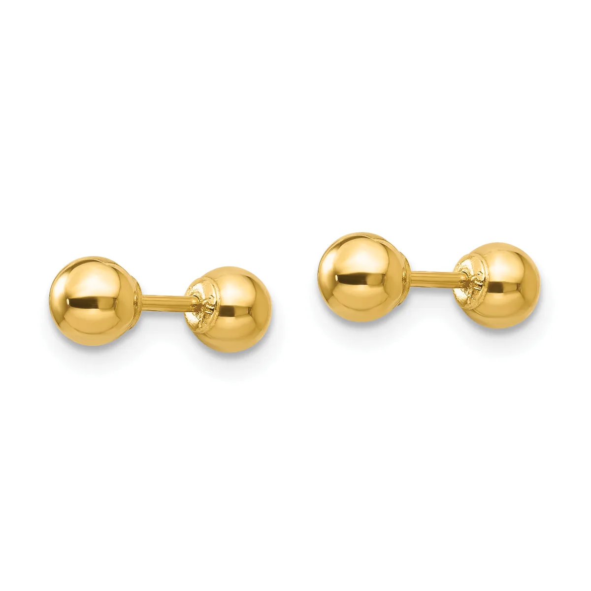 A pair of polished gold ball stud earrings with posts and backing closures, shown from front and side views.