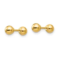 A pair of polished gold ball stud earrings with posts and backing closures, shown from front and side views.