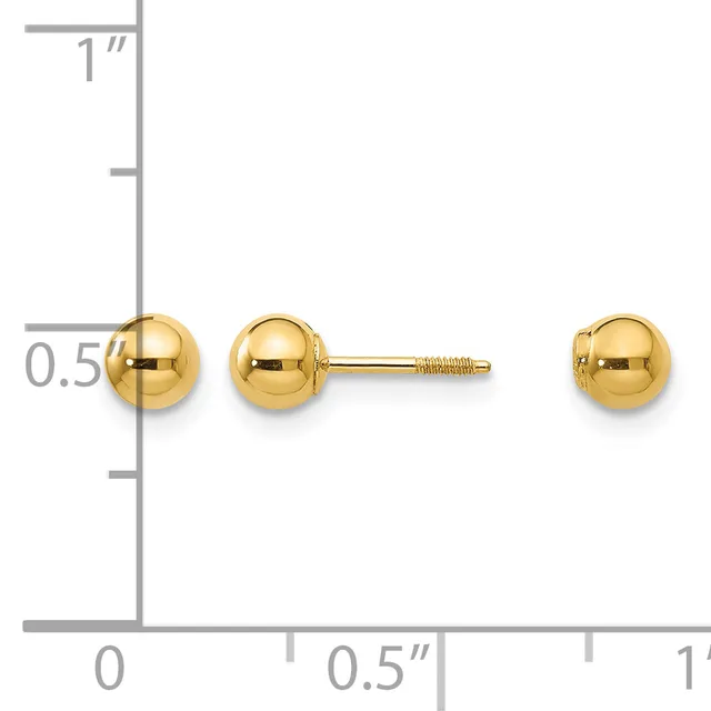 Gold ball stud earrings displayed next to a ruler showing approximately half-inch diameter spheres with screw posts and backs.