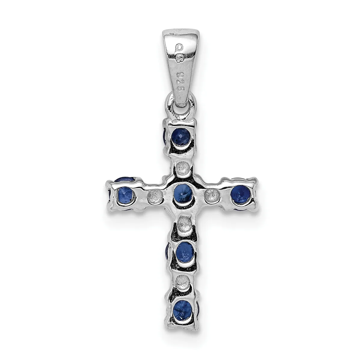 A sterling silver cross pendant featuring alternating round blue sapphires and small diamonds set in bezel settings along the vertical and horizontal arms, with a small hallmark visible on the bail.