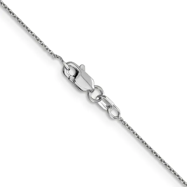 Silver chain necklace with a lobster claw clasp and decorative link detail, displayed diagonally against a white background.